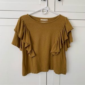 Happy Nature Khaki Ruffle Linen Top Size XS